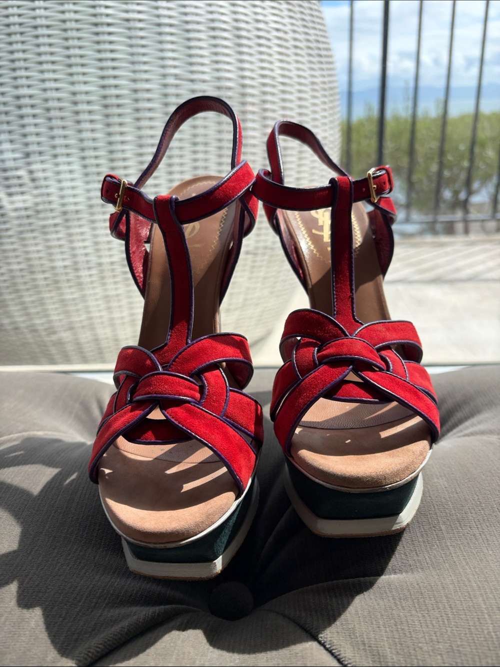 YSL Saint Laurent Tribute Red Suede Knotted T-Strap Platform Sandals- deal! Bag